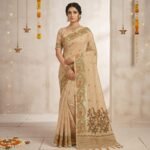 Cotton Mor Woven Saree — Beige