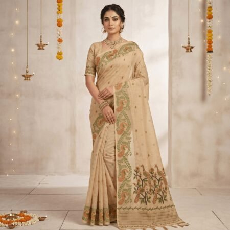Cotton Mor Woven Saree — Beige