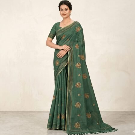 Khadi Embroidered Saree — Leaf Green