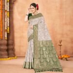 Cotton Geometric Bel Woven Saree — Leaf Green