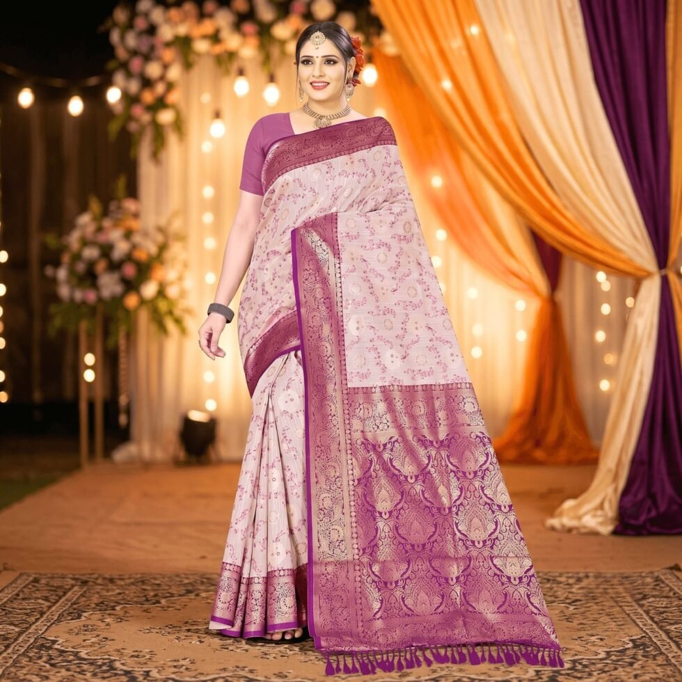 Cotton Geometric Bel Woven Saree — Violet