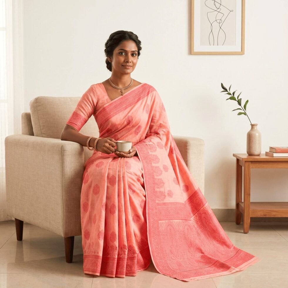 Cotton Bouquet Woven Saree — Peach