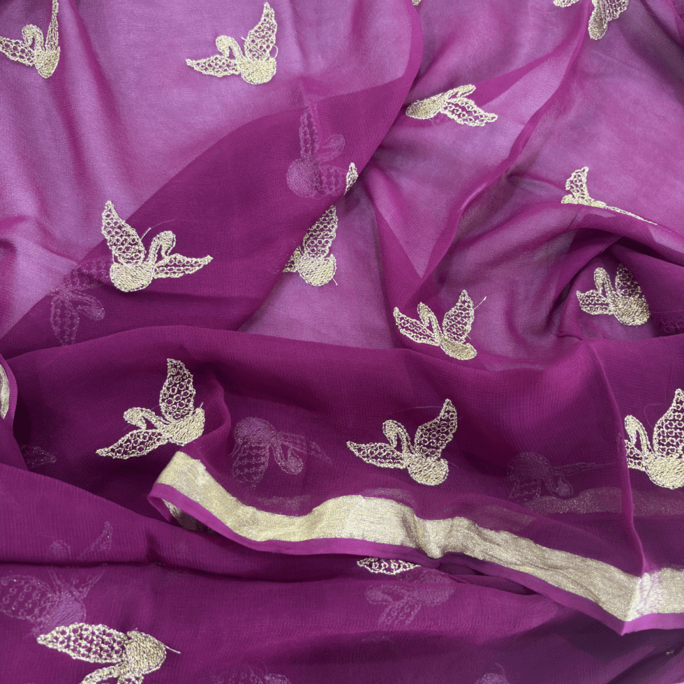 Viscose Georgette Hans Embroidered Saree — Violet, view 2