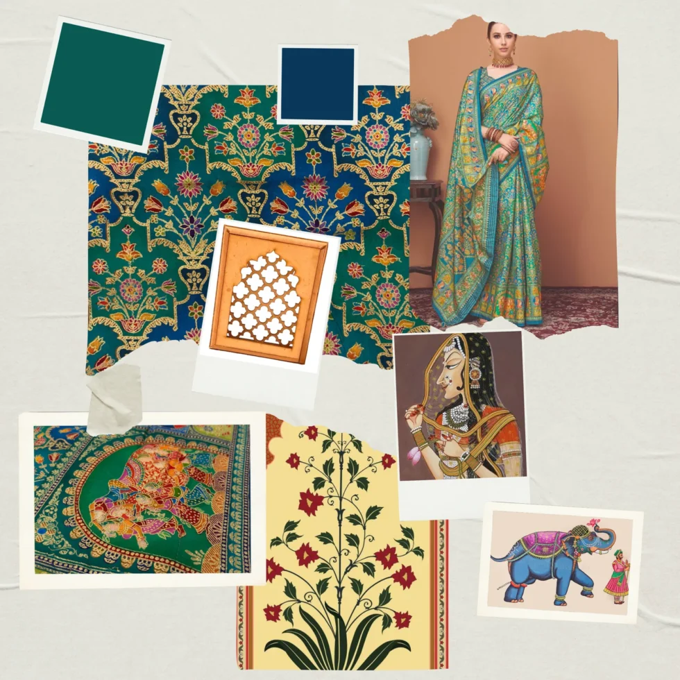 Viscose Banna-Banni Print Saree — Rama Green & Peacock Blue, view 8