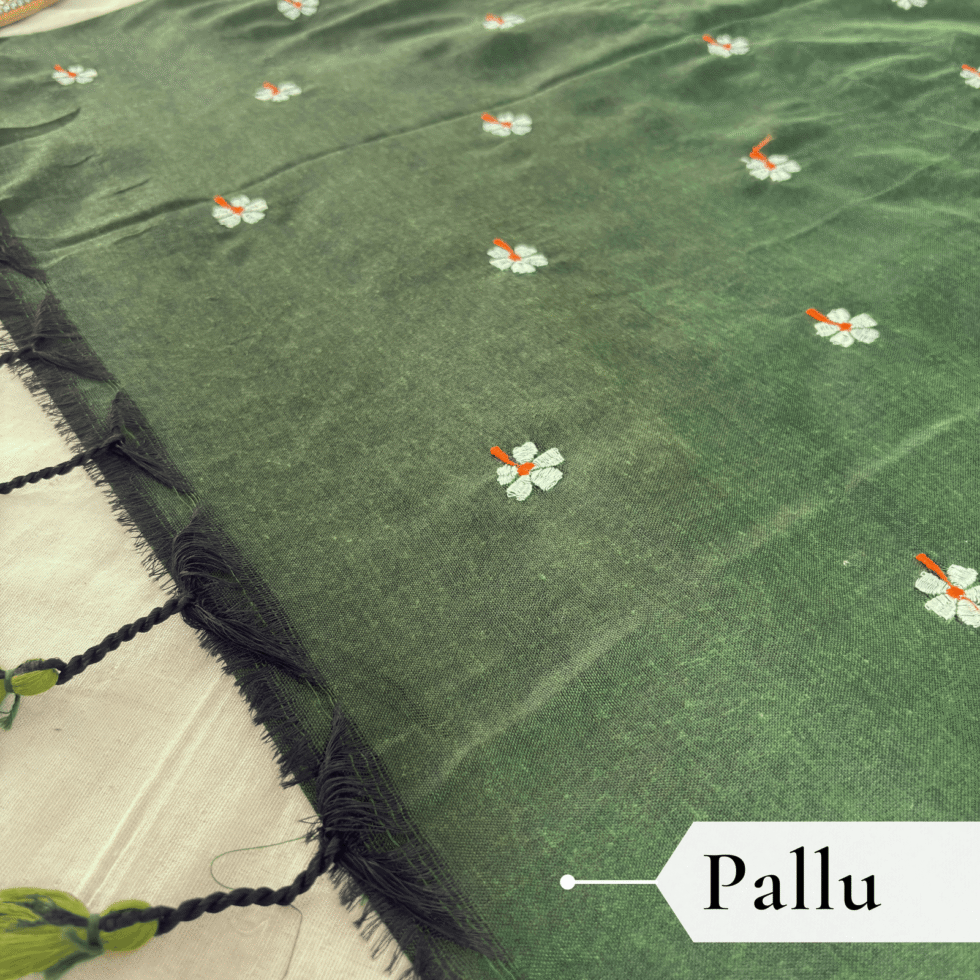 Khadi Harsingar Embroidered Saree — Bottle Green, view 2