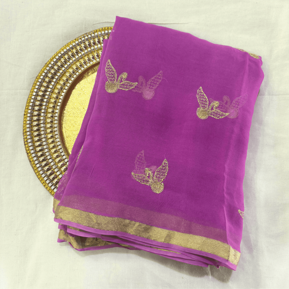 Viscose Georgette Hans Embroidered Saree — Purple, view 8