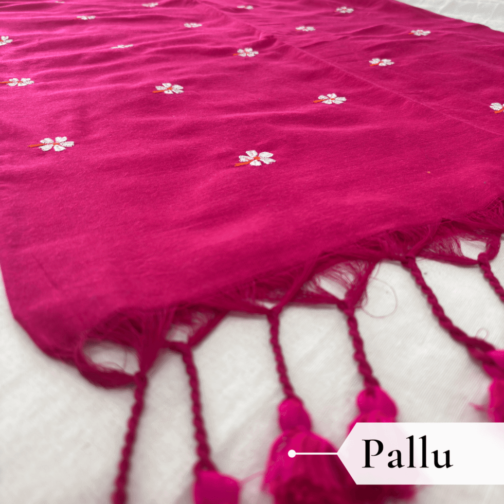 Khadi Harsingar Embroidered Saree — Rani Pink, view 2