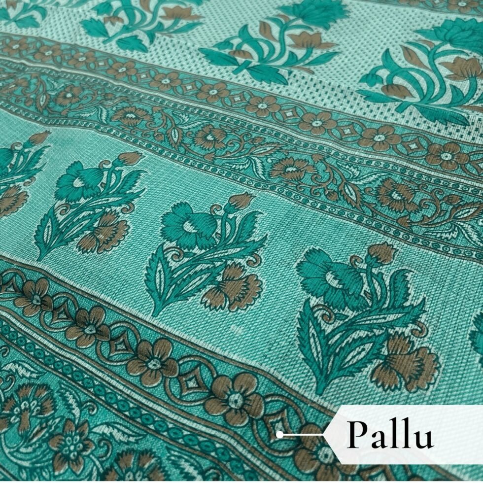 Kota Doria Floral Print Saree — Rama Green, view 5
