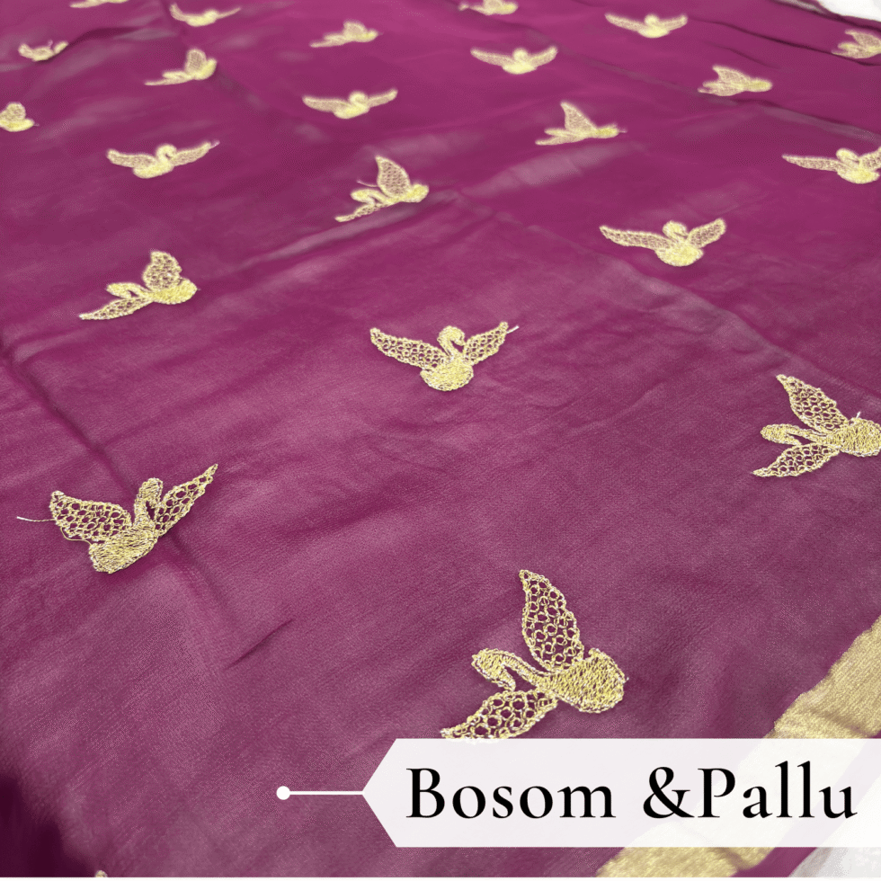 Viscose Georgette Hans Embroidered Saree — Violet, view 4