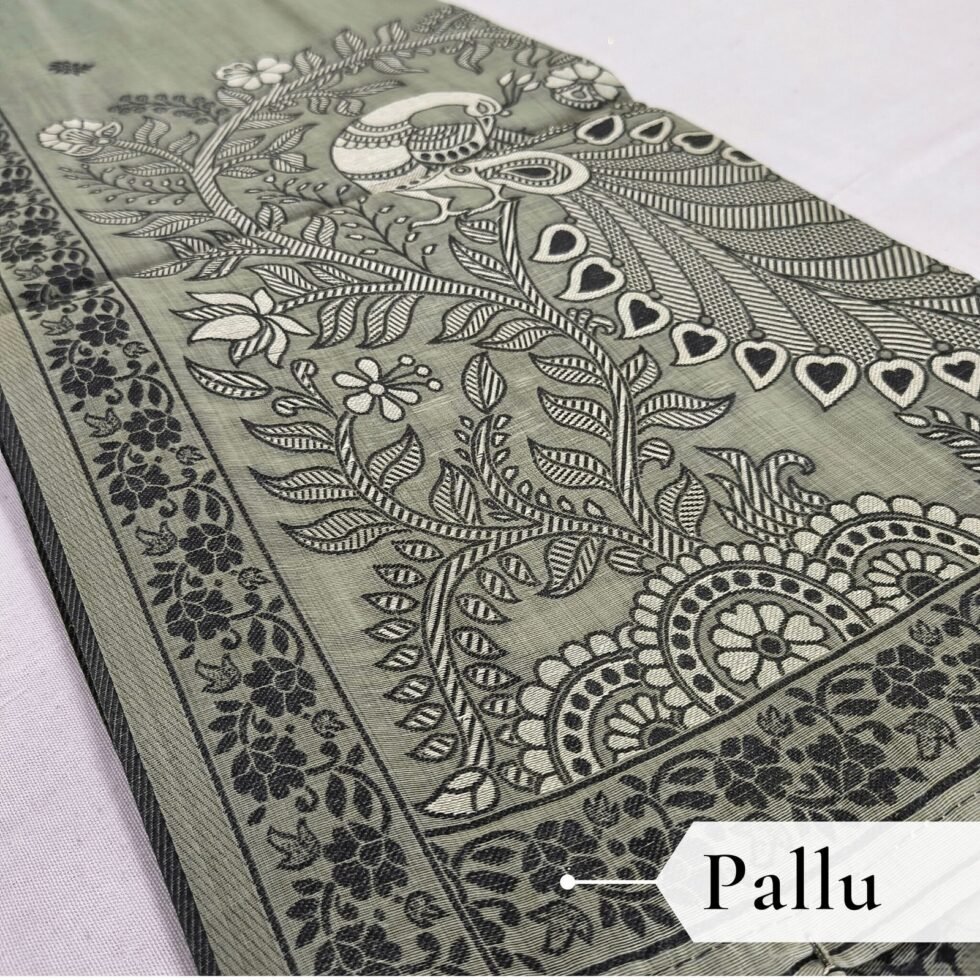Cotton Kalamkari Woven Saree — Grey, view 5