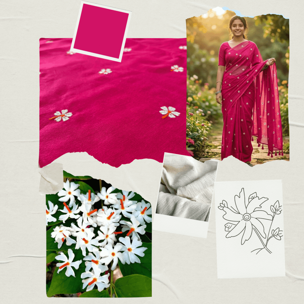 Khadi Harsingar Embroidered Saree — Rani Pink, view 6