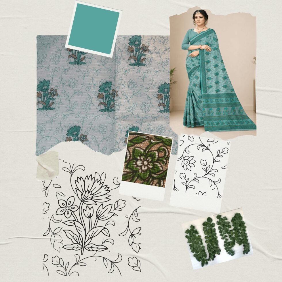 Kota Doria Floral Print Saree — Rama Green, view 7