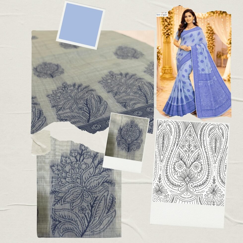 Cotton Bouquet Woven Saree — Dark Blue, view 7