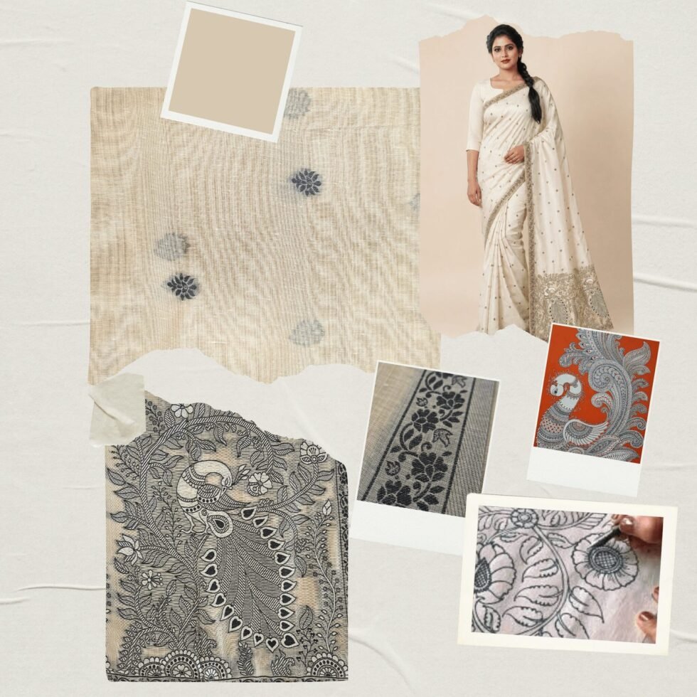 Cotton Kalamkari Woven Saree — Beige, view 7