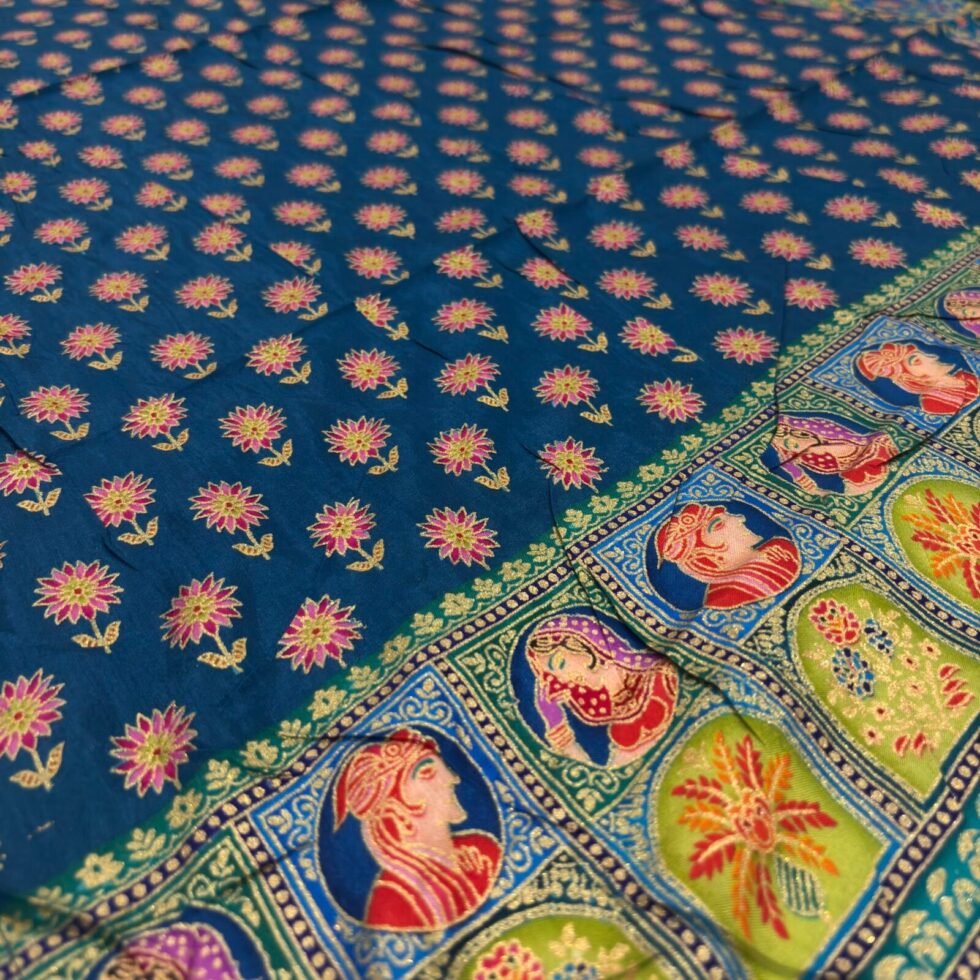 Viscose Banna-Banni Print Saree — Rama Green & Peacock Blue, view 5