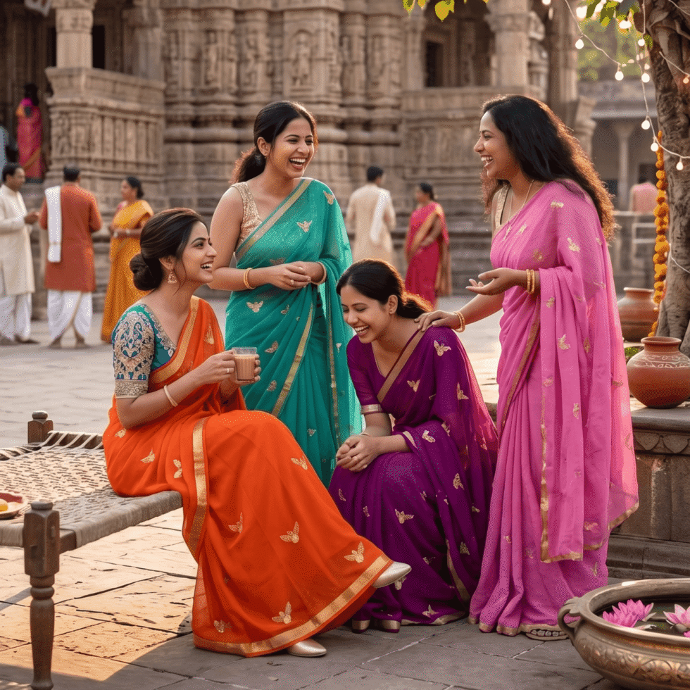 Viscose Georgette Hans Embroidered Saree — Rust Orange, view 7