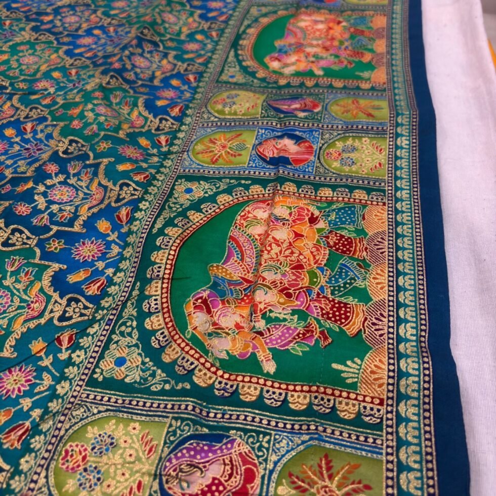 Viscose Banna-Banni Print Saree — Rama Green & Peacock Blue, view 4