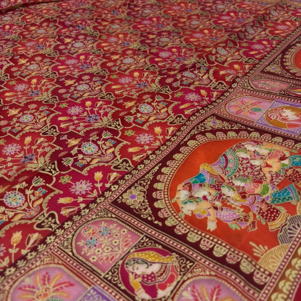 Viscose Banna-Banni Print Saree — Orange & Red, view 3
