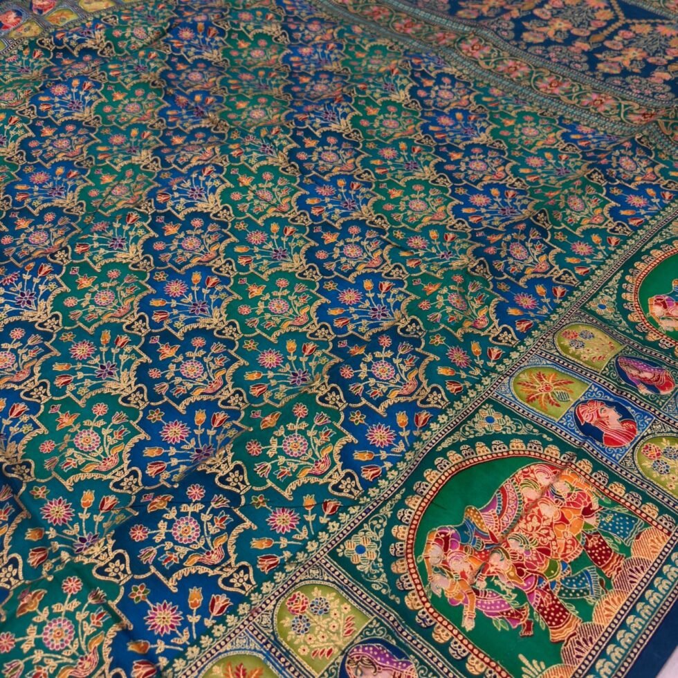 Viscose Banna-Banni Print Saree — Rama Green & Peacock Blue, view 3