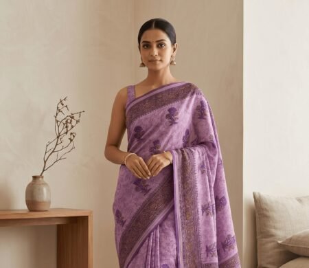Kota Doria Floral Print Saree — Purple
