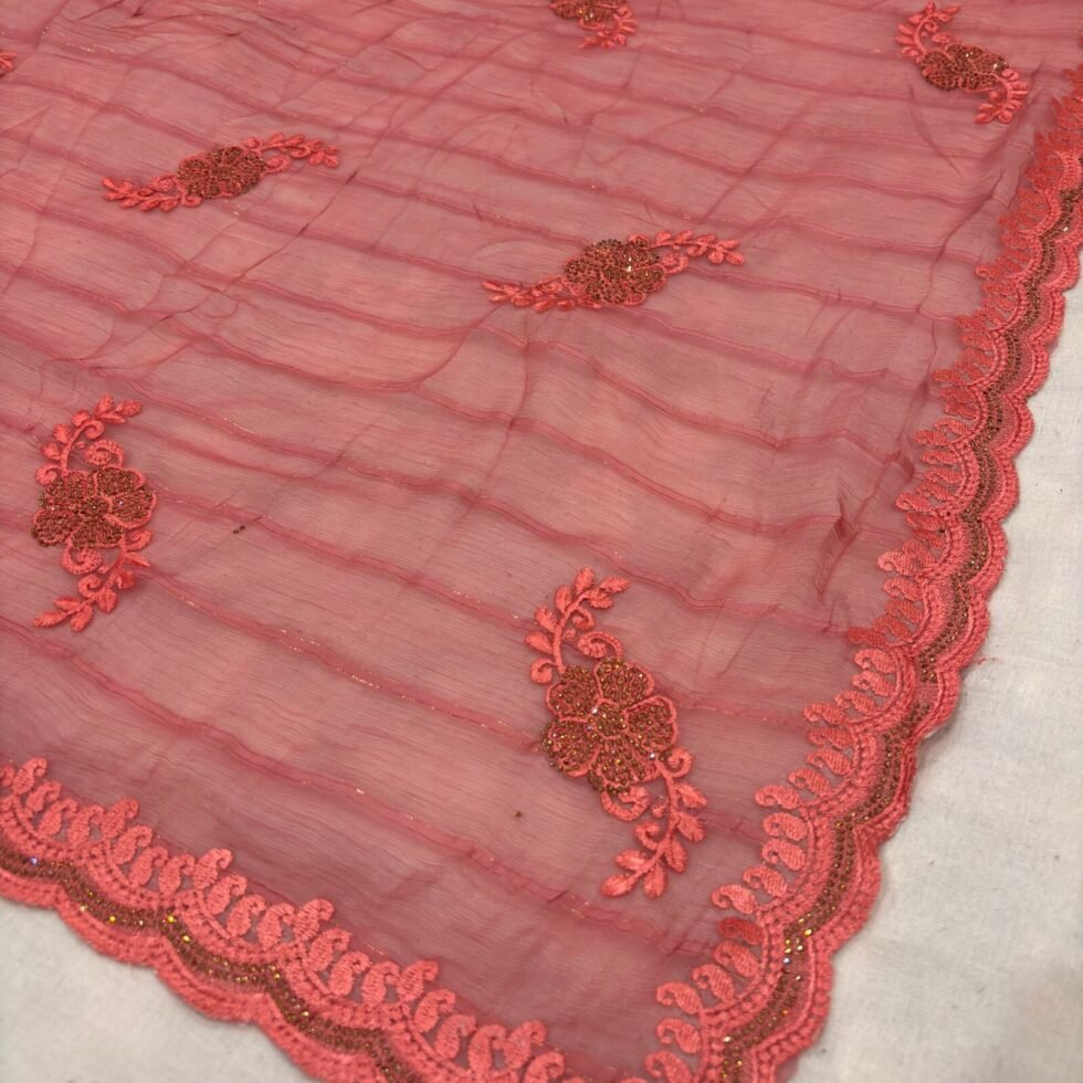 Viscose Chiffon Embroidered Saree — Carrot Red, view 6