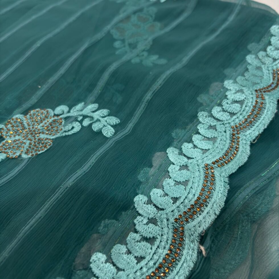 Viscose Chiffon Embroidered Saree — Rama Green, view 3