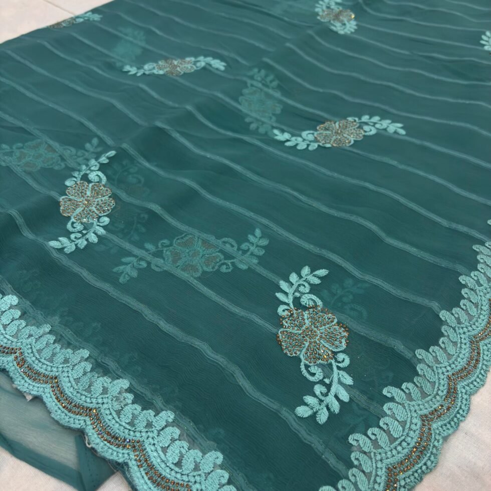 Viscose Chiffon Embroidered Saree — Rama Green, view 4