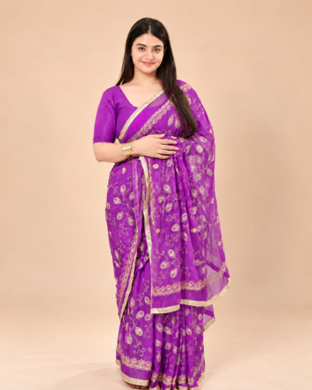 Viscose Chiffon Morpankh Embroidered Saree — Purple