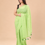 Mulmul Checks Woven Saree — Green