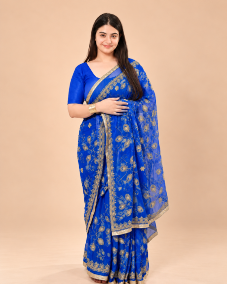 Viscose Chiffon Morpankh Embroidered Saree — Blue