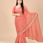 Viscose Chiffon Morpankh Embroidered Saree — Peach