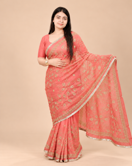Viscose Chiffon Morpankh Embroidered Saree — Peach