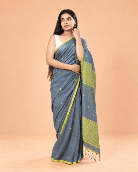 Handloom Mulmul Heart Woven Saree — Grey