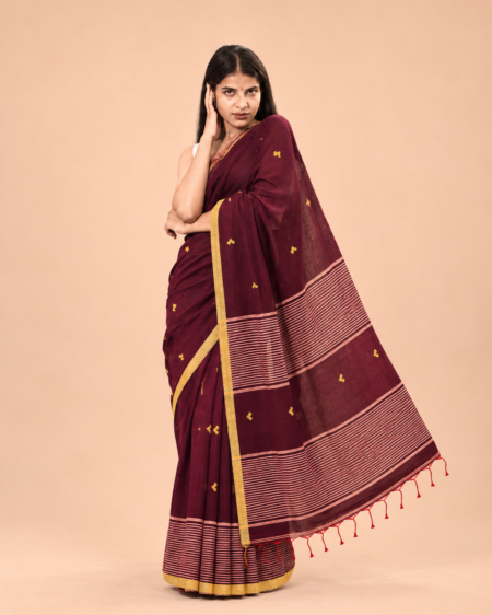 Handloom Mulmul Heart Woven Saree — Maroon