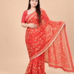 Viscose Chiffon Morpankh Embroidered Saree — Red