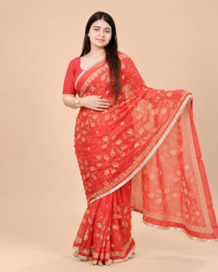 Viscose Chiffon Morpankh Embroidered Saree — Red