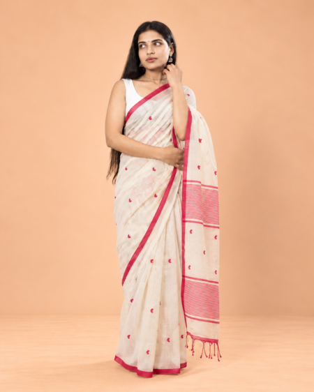 Handloom Mulmul Heart Woven Saree — White