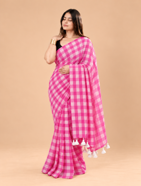 Mulmul Checks Woven Saree — Pink