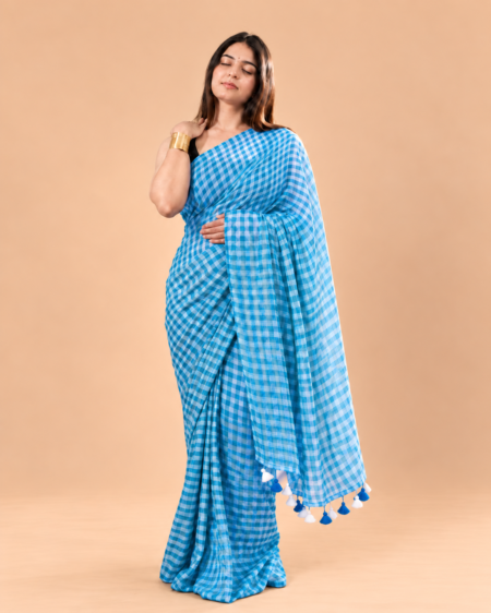Mulmul Checks Woven Saree — Blue