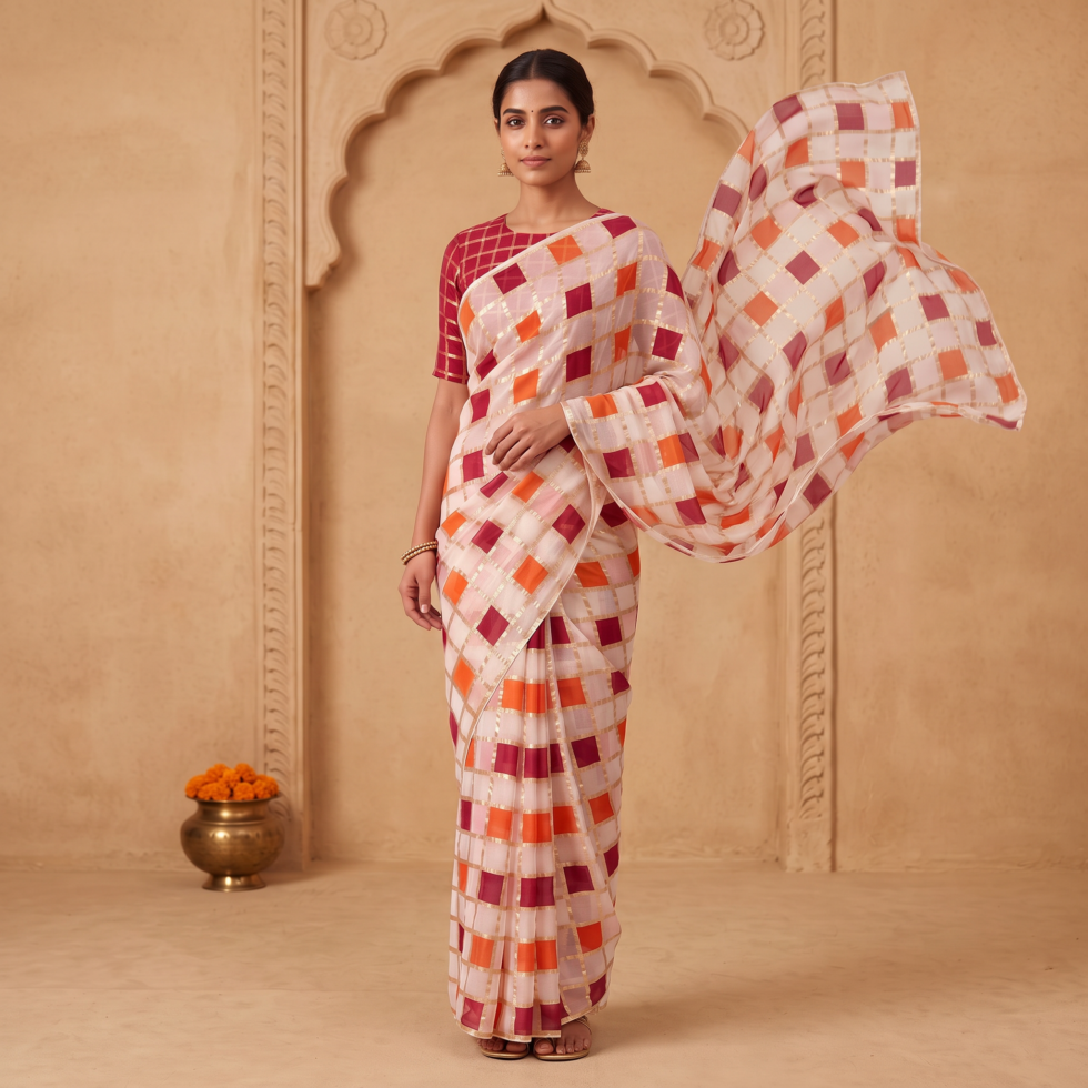 Viscose Georgette Chess Block Printed Saree — Multicolour, view 3