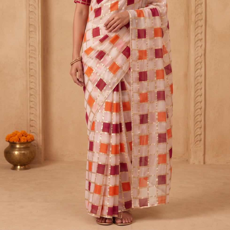 Viscose Georgette Chess Block Printed Saree — Multicolour, view 5