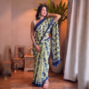 Mulmul Indigo Flower Bagru Block Print Saree — Pista Green