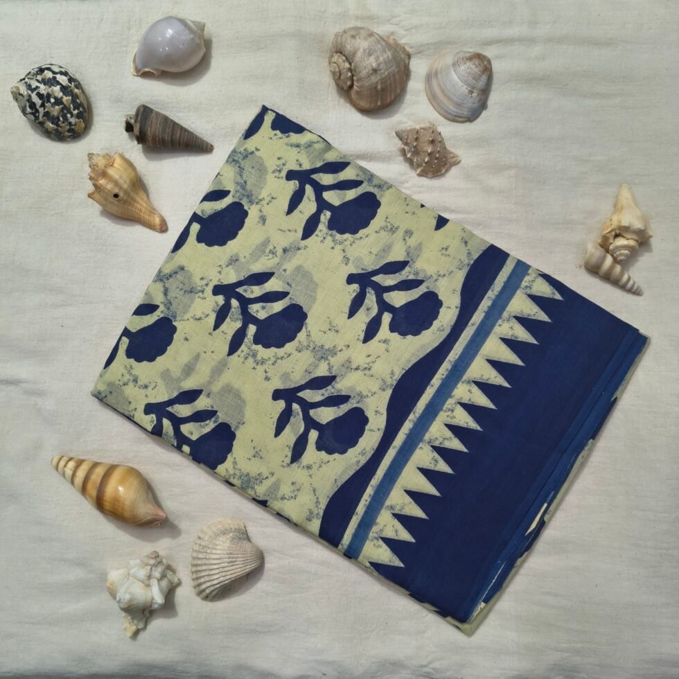 Mulmul Indigo Flower Bagru Block Print Saree — Pista Green, view 3