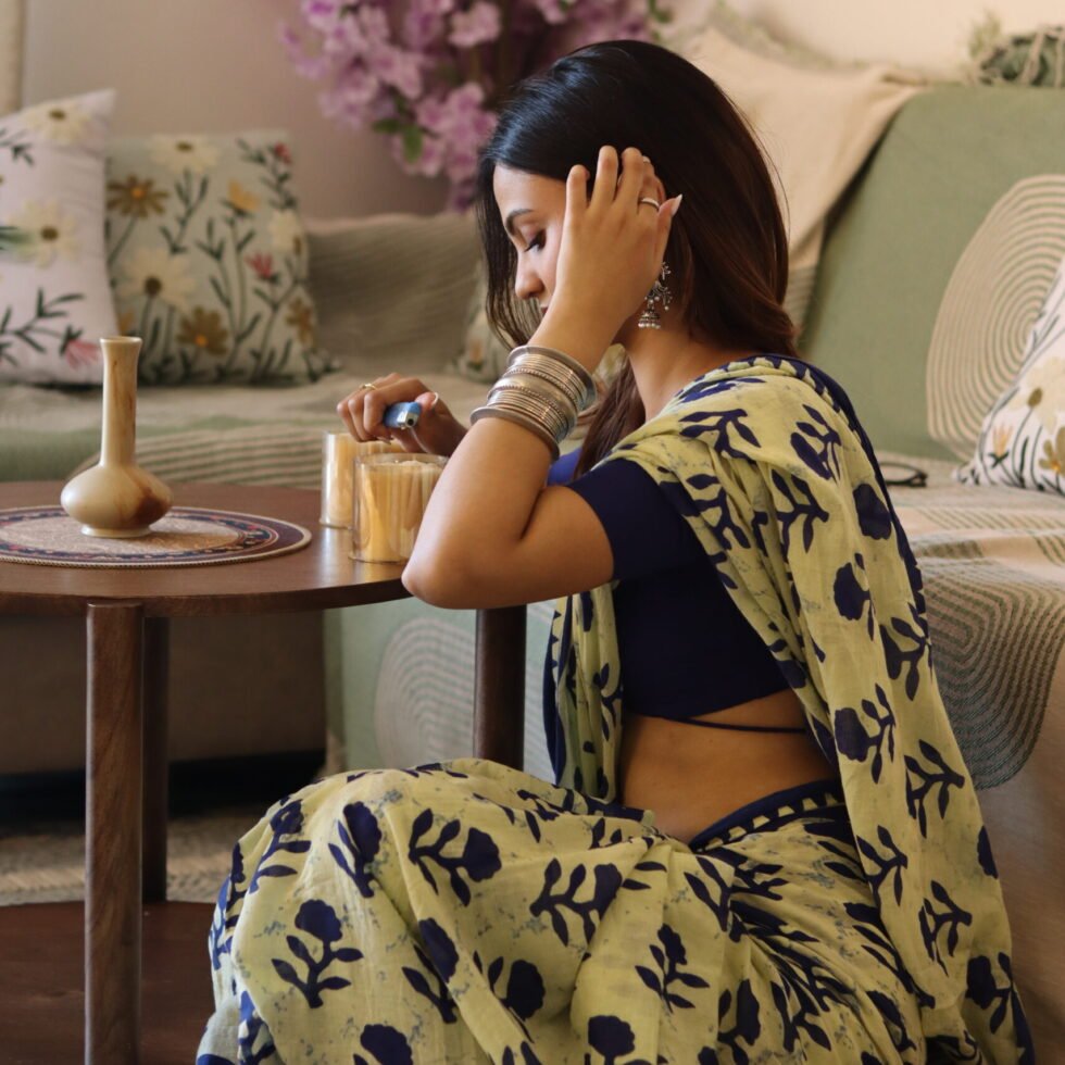 Mulmul Indigo Flower Bagru Block Print Saree — Pista Green, view 2